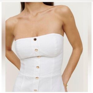 Reformation Shiela Linen White Strapless Button-Front Mini Dress